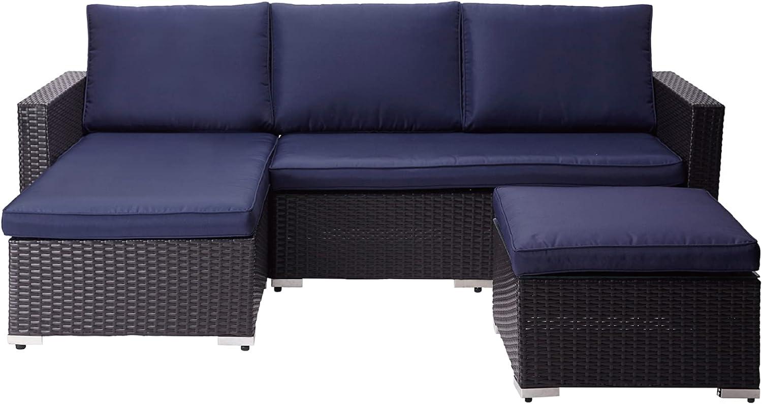 Teamson Home Terrasse Gartenmöbel, 3-Teiliges Rattan Weide Schnitt Set mit 2er-Sofa, Chaiselongue, Tisch und Kissen, Braun/Blau Bild 1