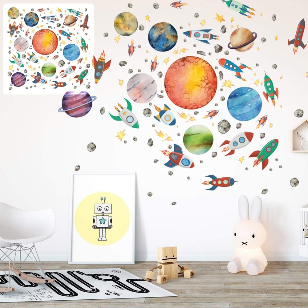 Sunnywall Wandtattoo XXL Rakete Space Ufo Weltraum Wandtattoo Set Kinderzimmer Aufkleber Bild 1