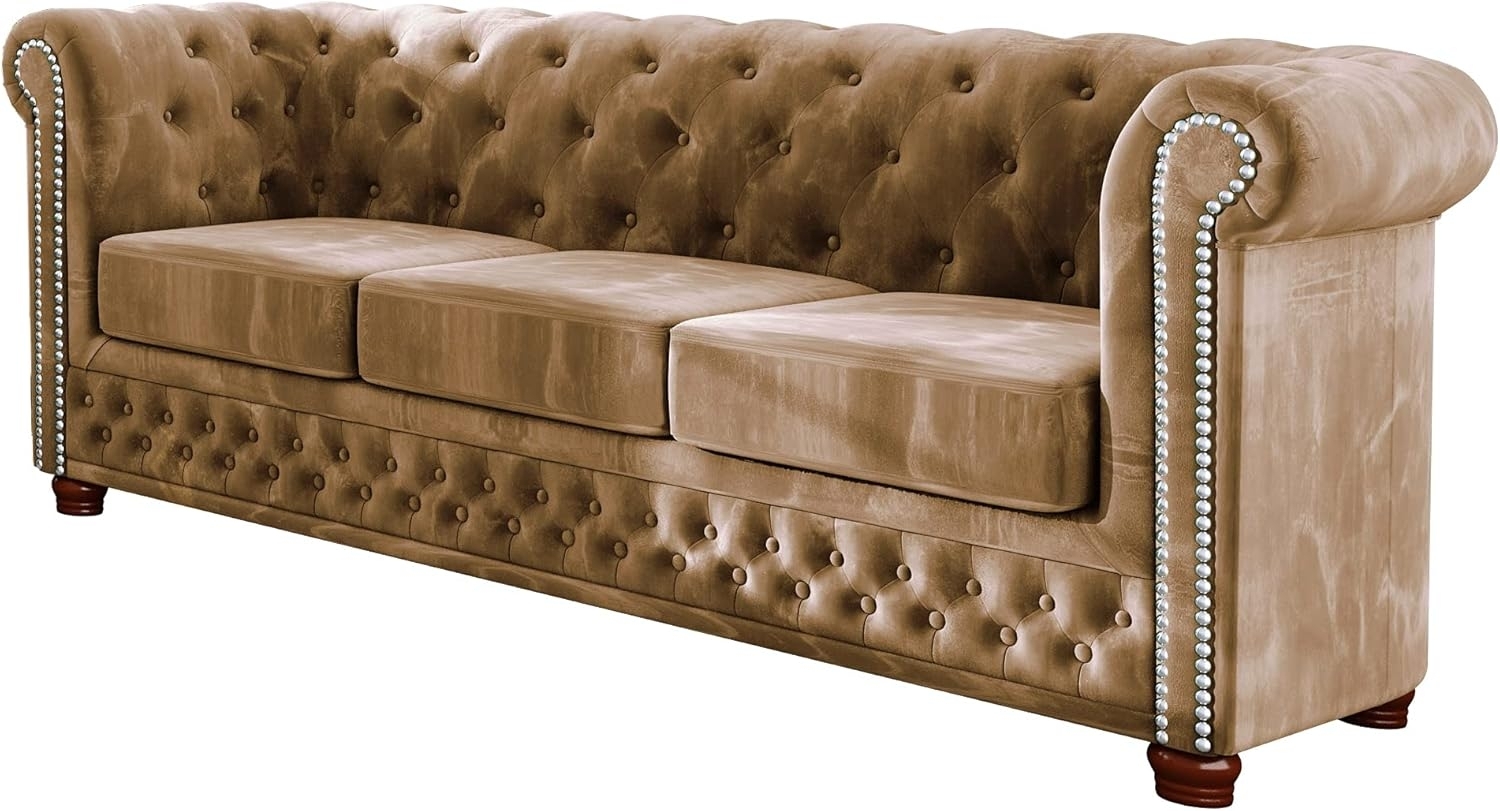 S-Style Möbel Chesterfield-Sofa Leeds 3-Sitzer aus Samt-Stoff mit Holzfüßen, mit Wellenfederung Bild 1