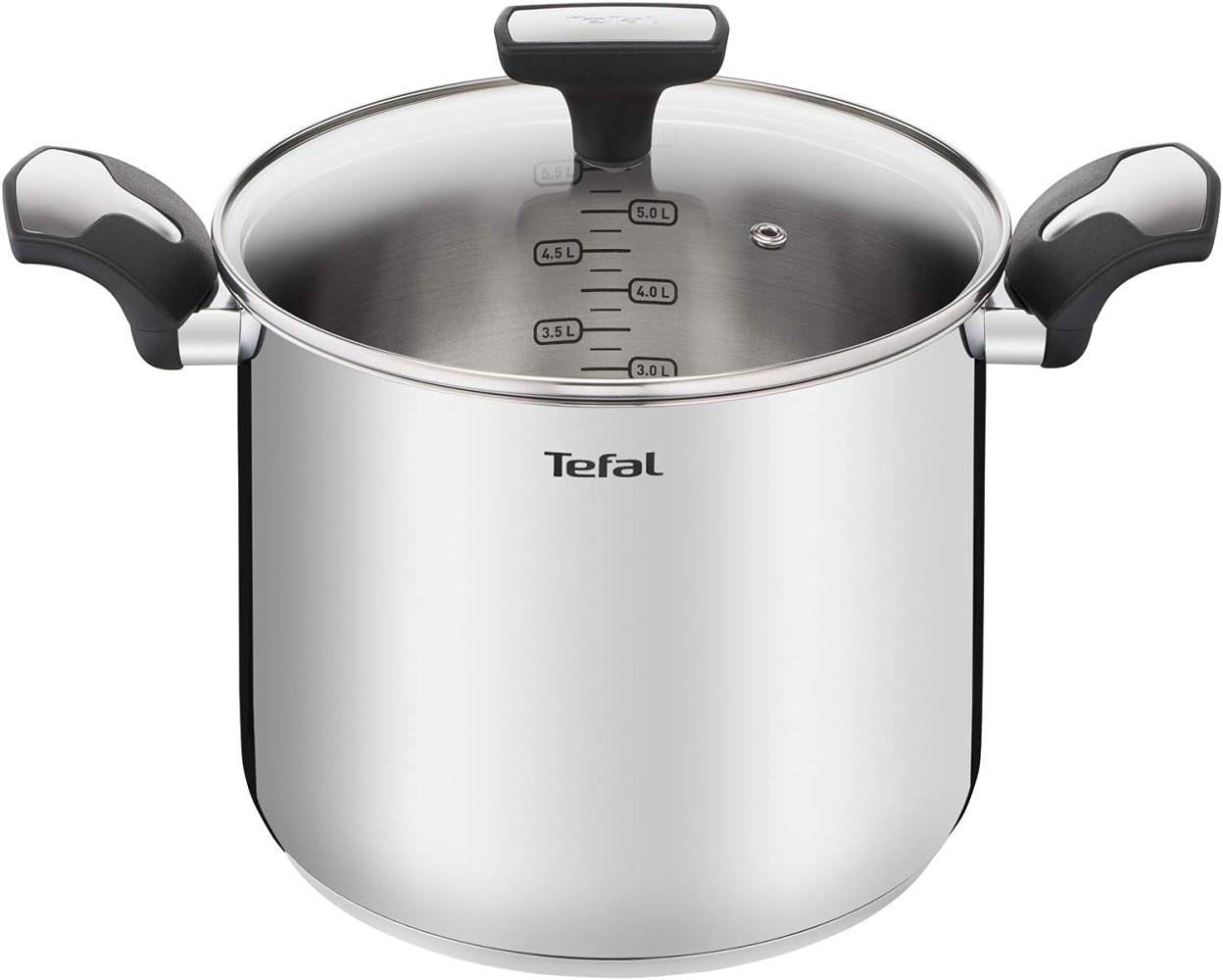 Tefal Emotion Kochtopf, hoch, 22 cm, 6 l, Edelstahl, dicker Boden für gleichmäßige Hitzeverteilung, elegantes Design, robuste Griffe, Glasdeckel, Induktion E3016104, Cranberry Bild 1