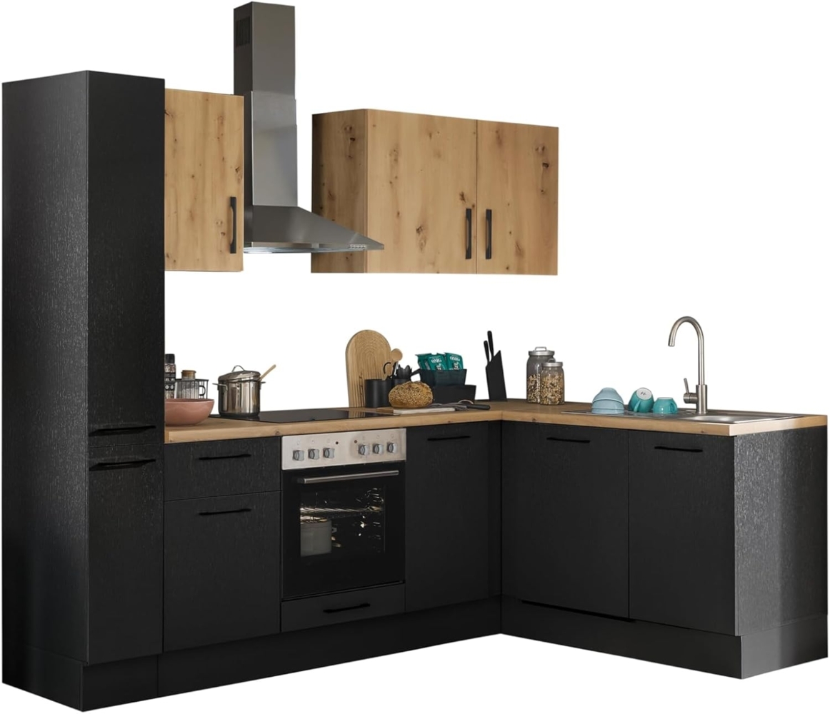 Turin L Eckküche 250 x 211 x 60 cm, schwarz - Ohne Küchengeräte - Moderne, geräumige Küche in Artisan-Eiche Optik mit viel Stauraum Bild 1