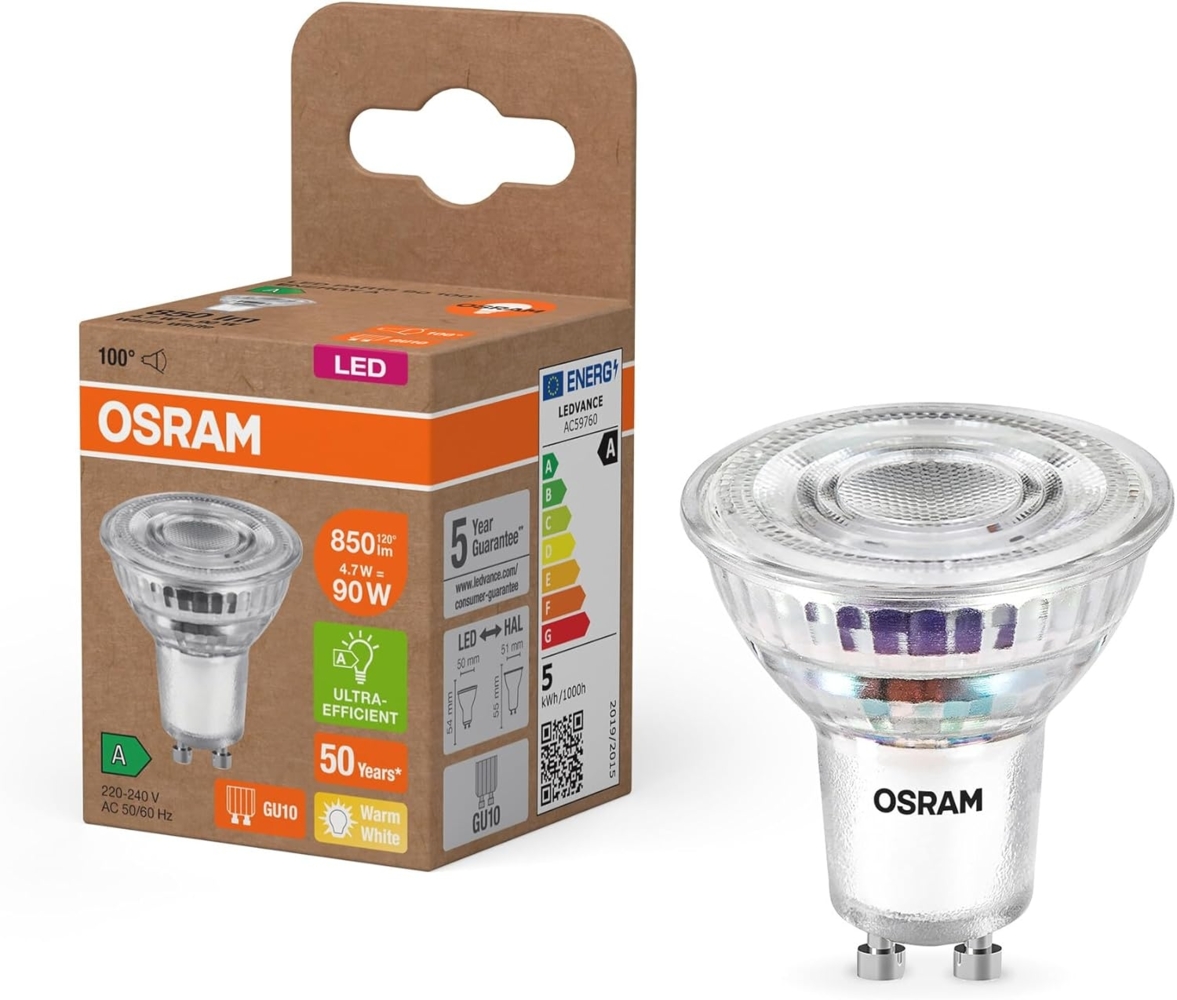 Osram Energy Class LED-Reflektor-Lampe PAR16 mit 4.7 W, 850 lm, warmweiß (2700 K) aus klarem bleifreiem Glas mit GU10 Sockel in der Energieeffizienzklasse A, 50 mm Durchmesser, IP20. Bild 1