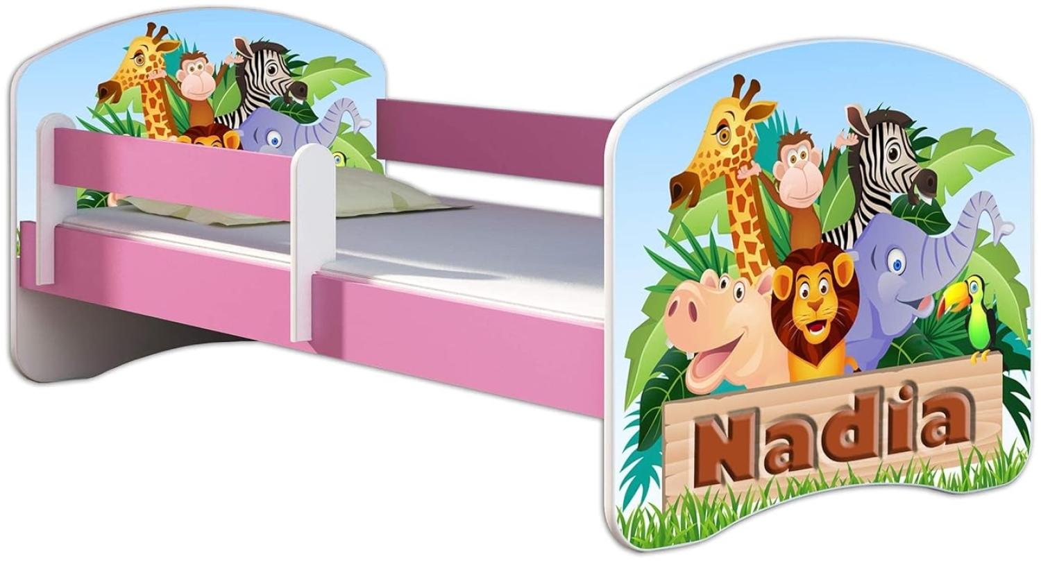 Kinderbett Jugendbett mit einer Schublade und Matratze Rausfallschutz Rosa 70x140 80x160 80x180 ACMA II (02N Animals name, 70x140 cm) Bild 1