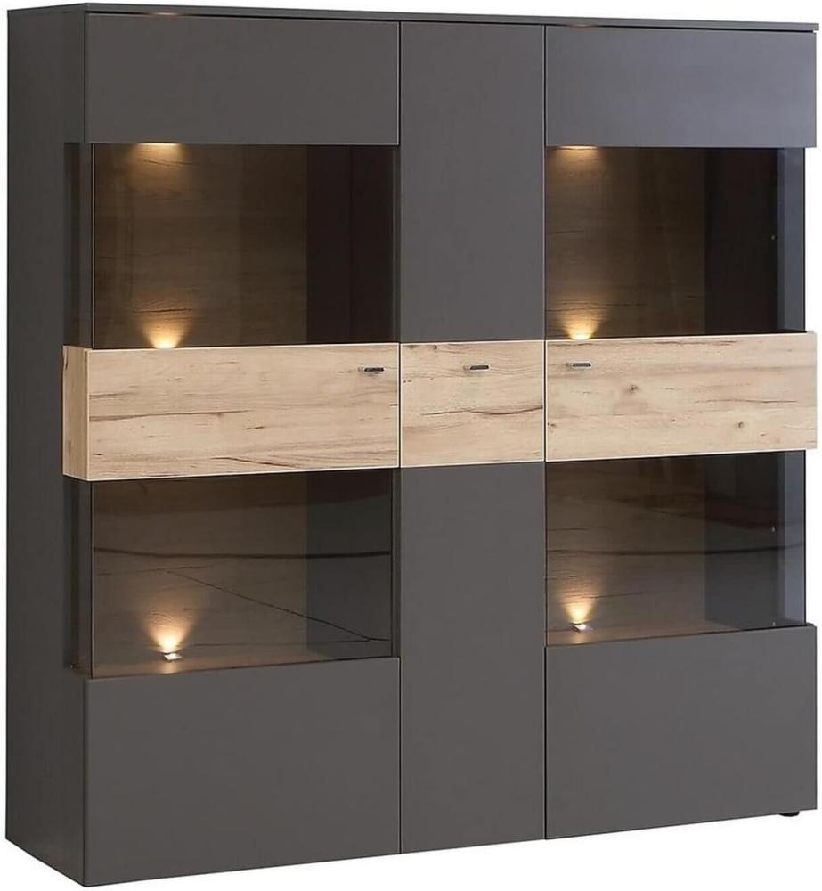 Highboard Vitrine COMO 3-trg. Optik: Grau / Planked Eiche von Forte Bild 1