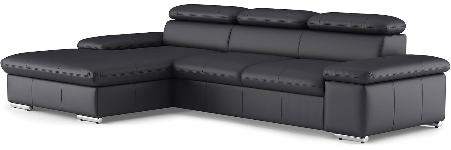 CAVADORE Echtleder-Schlafcouch Valerie mit XL-Longchair / Ecksofa mit Bettfunktion, Kopfteilverstellung + großem Longchair / 286 x 73 x 174 / Leder Schwarz Bild 1