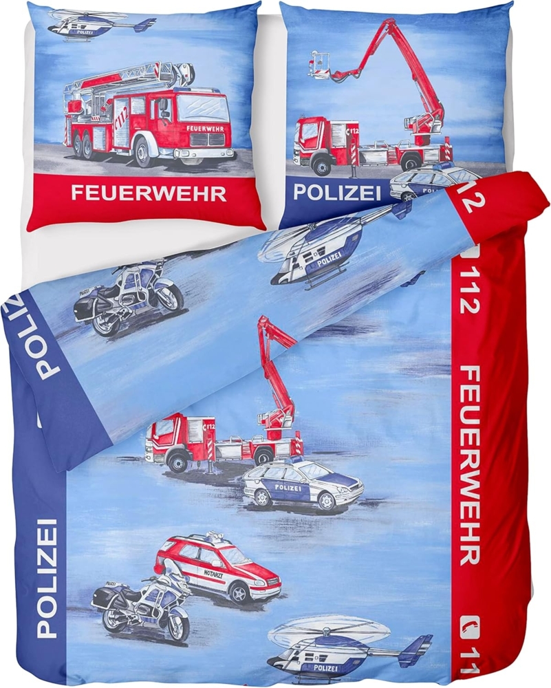 LINKHOFF Kinderbettwäsche Kinder Bettwäsche 135x200 2tlg. + 80x80 cm 100% Baumwolle - Polizei, Feuerwehr Kinderbettwäsche für Jungen - Renforce Bettwäsche-Set Bild 1