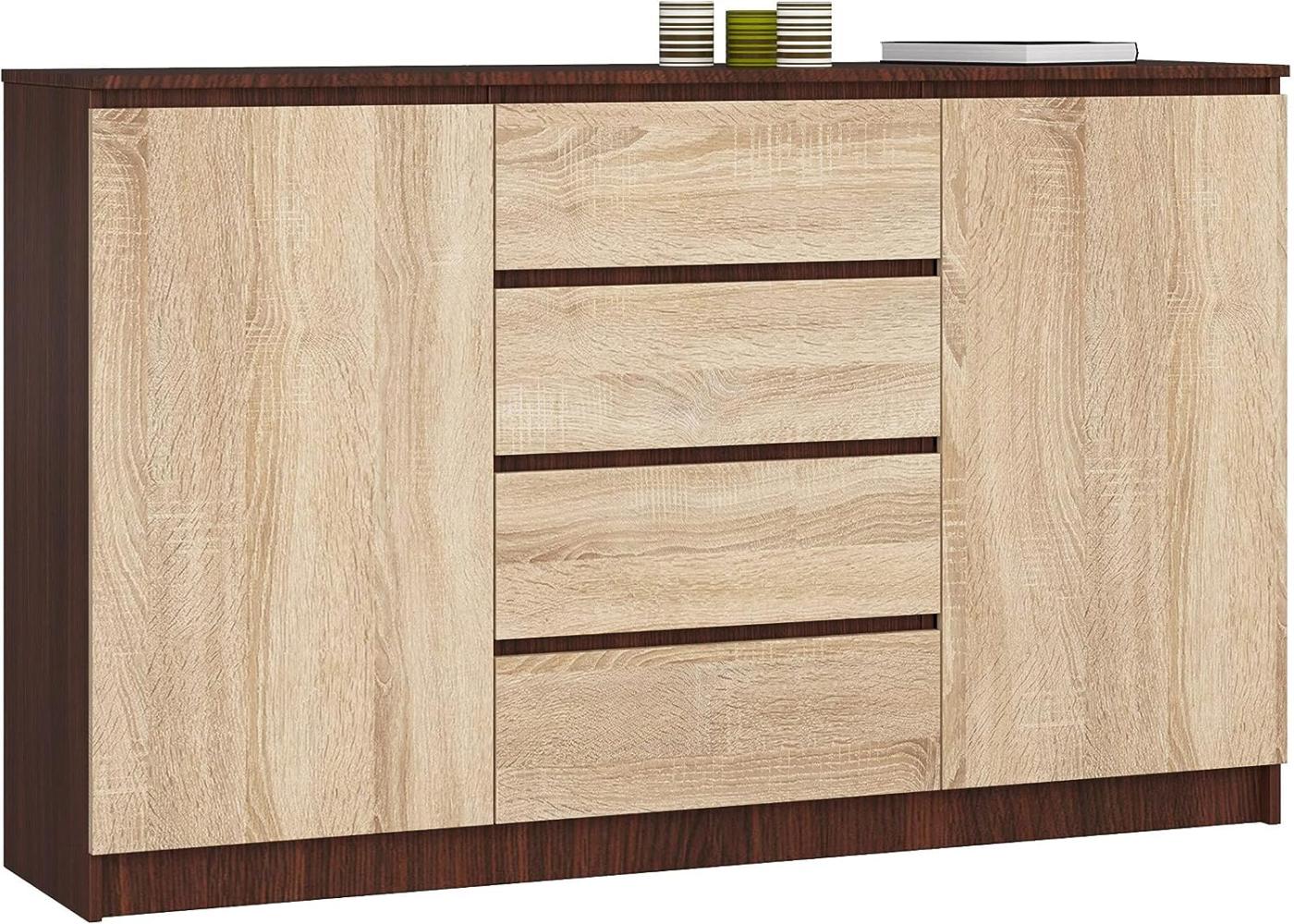 AKORD Kommode K 160 cm | 4 Schubladen und 2 Türen | für Wohnzimmer Schlafzimmer Schrank Wohnzimmer | Modernes Funktionelles Design | Schichtstoffplatte 16mm | Farbe Wenge/Sonoma Bild 1