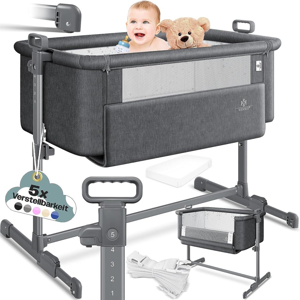 KESSER® Zustellbett Hubi 3in1 Baby Beistellbett Reisebett Babybett mit weich Matratze, mit Rollen Kinderbett, 5-fach Höhenverstellung, Faltbare Seitenwand für zu Hause und unterwegs Dunkelgrau Bild 1