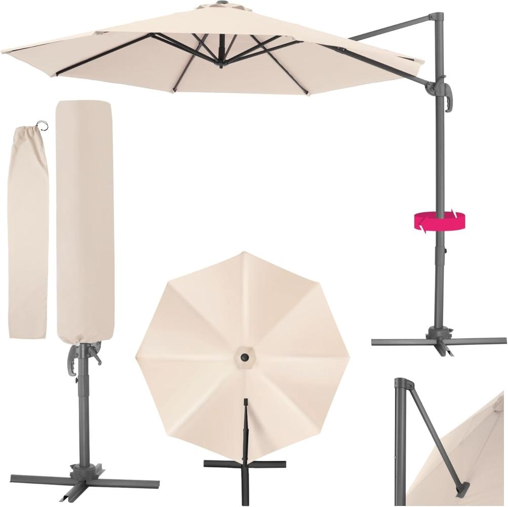 tectake Ampelschirm Sonnenschirm, Set mit Schutzhülle für Terrasse oder Garten, Parasol inkl. Schutzhülle in Schrimfarbe, Ø 300 cm Bild 1