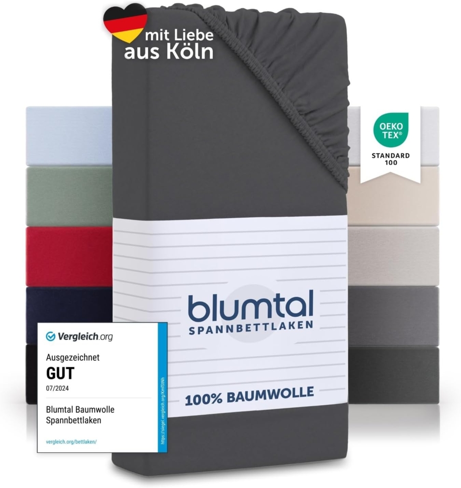Blumtal® Basics Jersey Spannbettlaken 180x200 cm -Oeko-TEX Zertifiziert, 100% Baumwolle Bettlaken, bis 7cm Topperhöhe, Anthrazit Bild 1