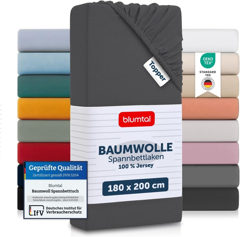 Blumtal® Basics Jersey Spannbettlaken 180x200 cm -Oeko-TEX Zertifiziert, 100% Baumwolle Bettlaken, bis 7cm Topperhöhe, Anthrazit Bild 1