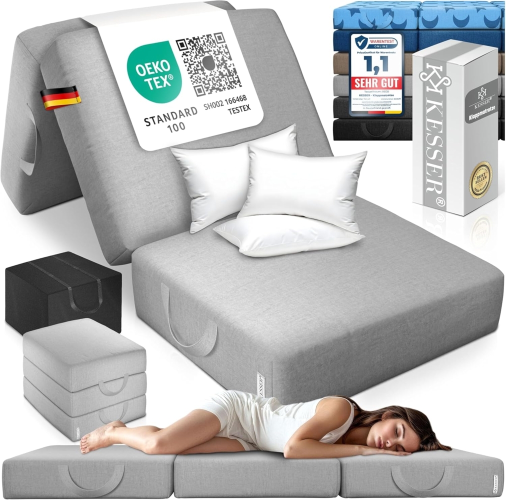 KESSER® Klappmatratze Gästematratze 3-fach Faltmatratze faltbar zum Sitzhocker | Schaumstoff 25kg/m³ extra dick 15cm atmungsaktiv waschbar abnehmbarer Bezug | Matratze inkl. Camping Tragetasche Grau, 75 x 195 x 15 cm Bild 1