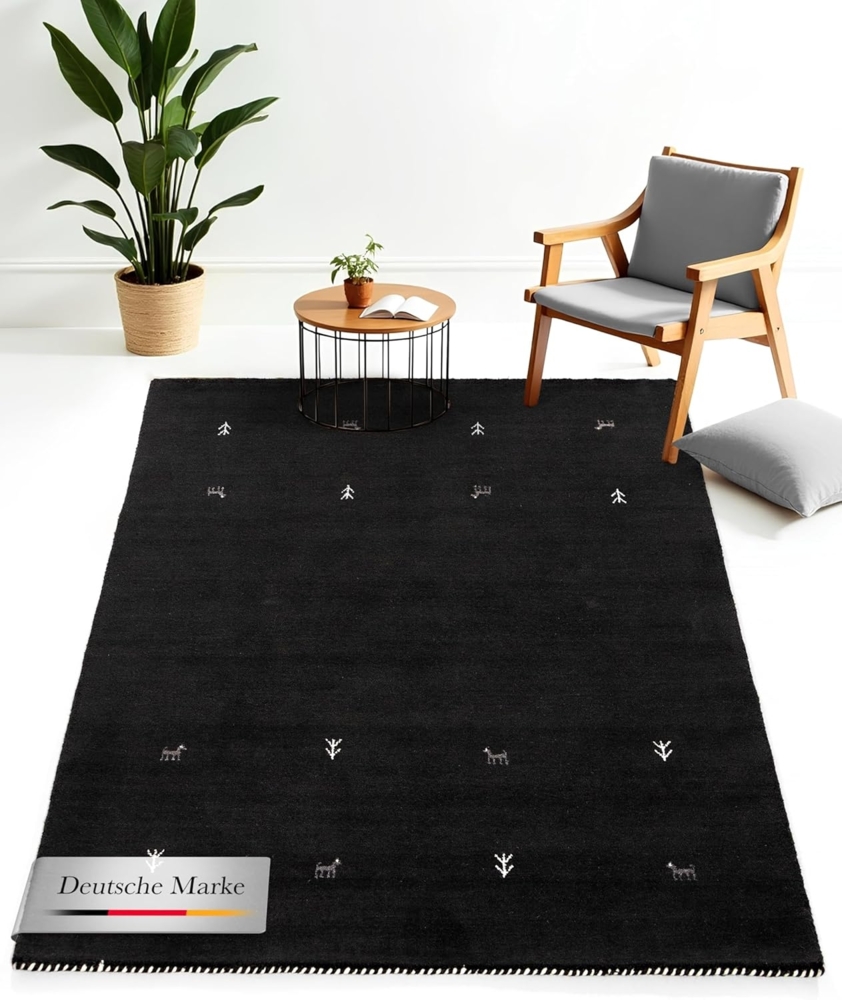 carpetfine Wollteppich Gabbeh Uni, reine Wolle, Schwarz, 80x150 cm, rechteckig Bild 1