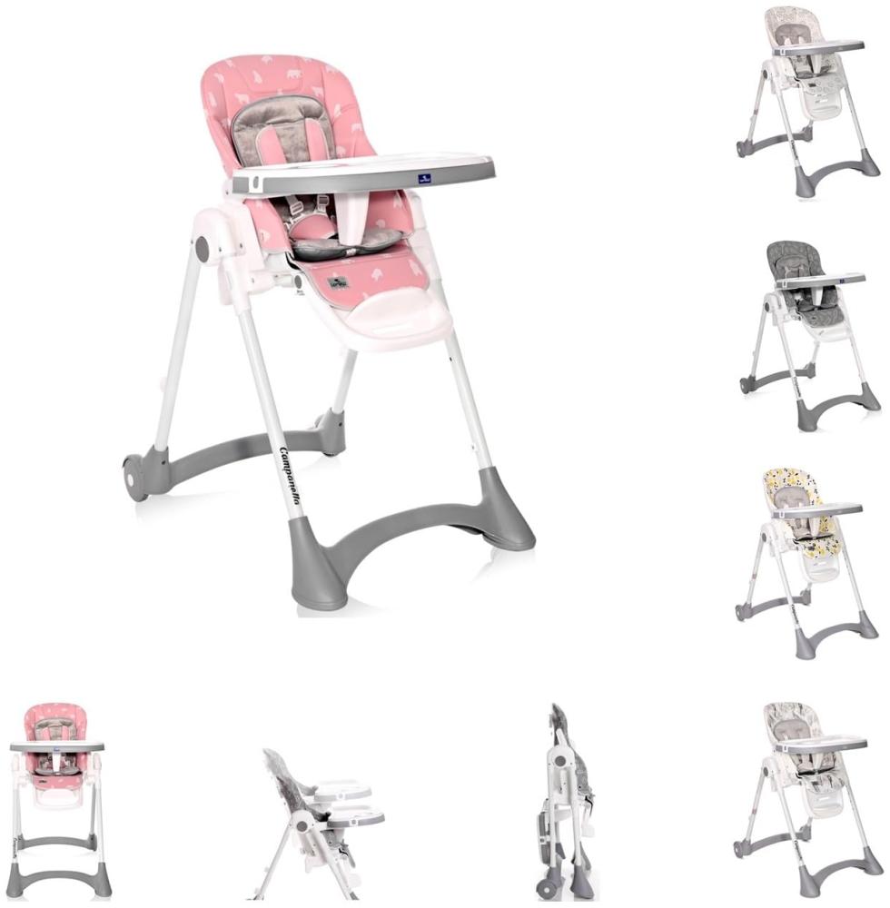 Lorelli Kinderhochstuhl Campanella klappbar Rollen einstellbare Höhe Lehne Gurte rosa Bild 1