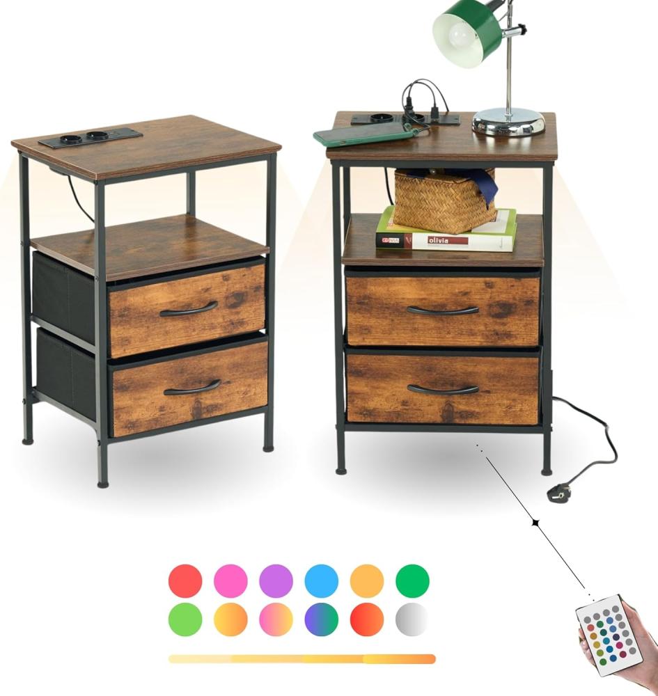 FurnitureR Set von 2 Nachttisch mit LED Ladefunktion, Beistelltisch mit 2 Schubladen. 2 AC Ports. 2 USB Ports Nachttische, Endtische für Wohnzimmer, Schlafzimmer, Vintage Braun,40 * 30 * 60cm Bild 1