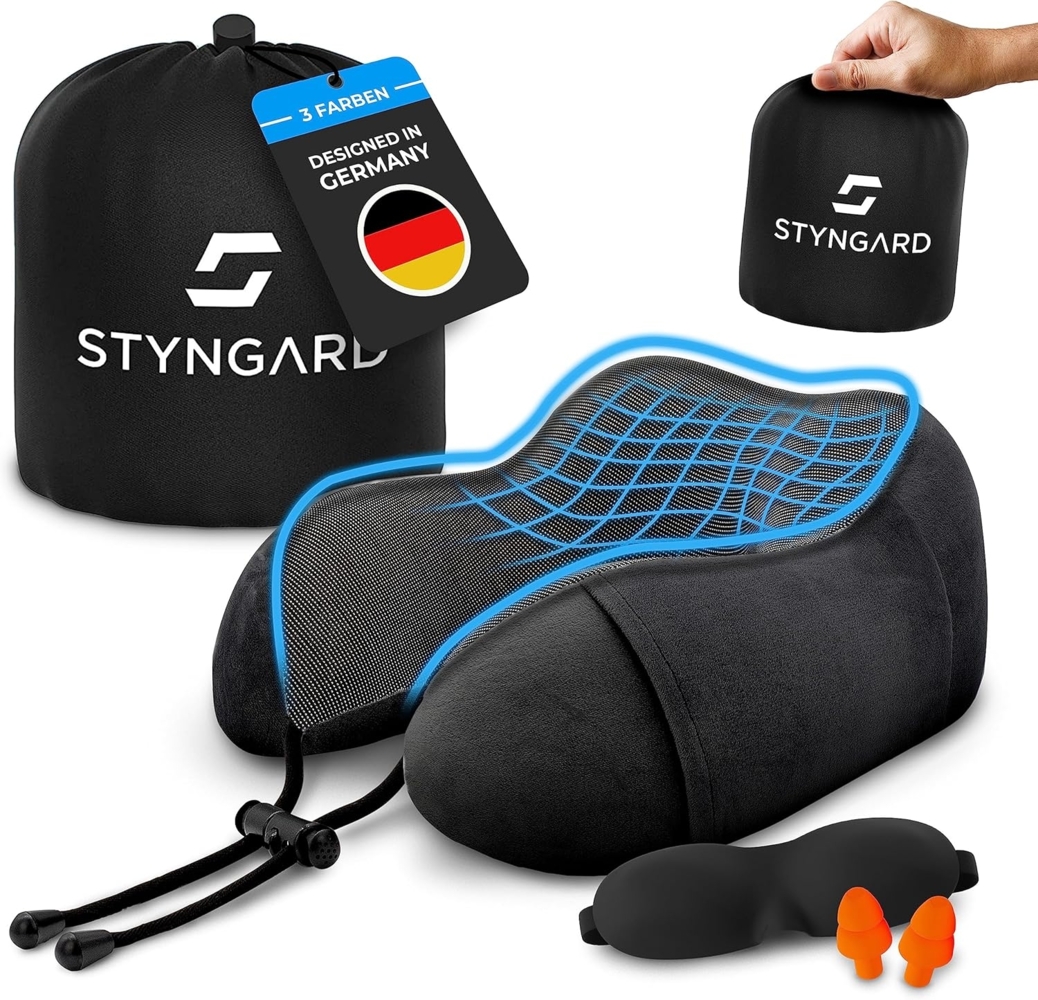 Styngard Reisekissen Malmö, Bequemes Nackenkissen aus Memory Foam mit Schlafmaske und Ohrstöpseln Bild 1