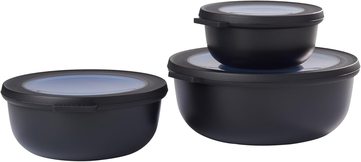 Mepal - Cirqula Multischüssel-Set 3–teilig rund Nordic black – 350, 750 und 1250 ml – Verwendbar als Vorratdose, Kühlschrankdose, Gefrierdose, Mikrowellegeschirr & Servierschale mit Deckel Bild 1