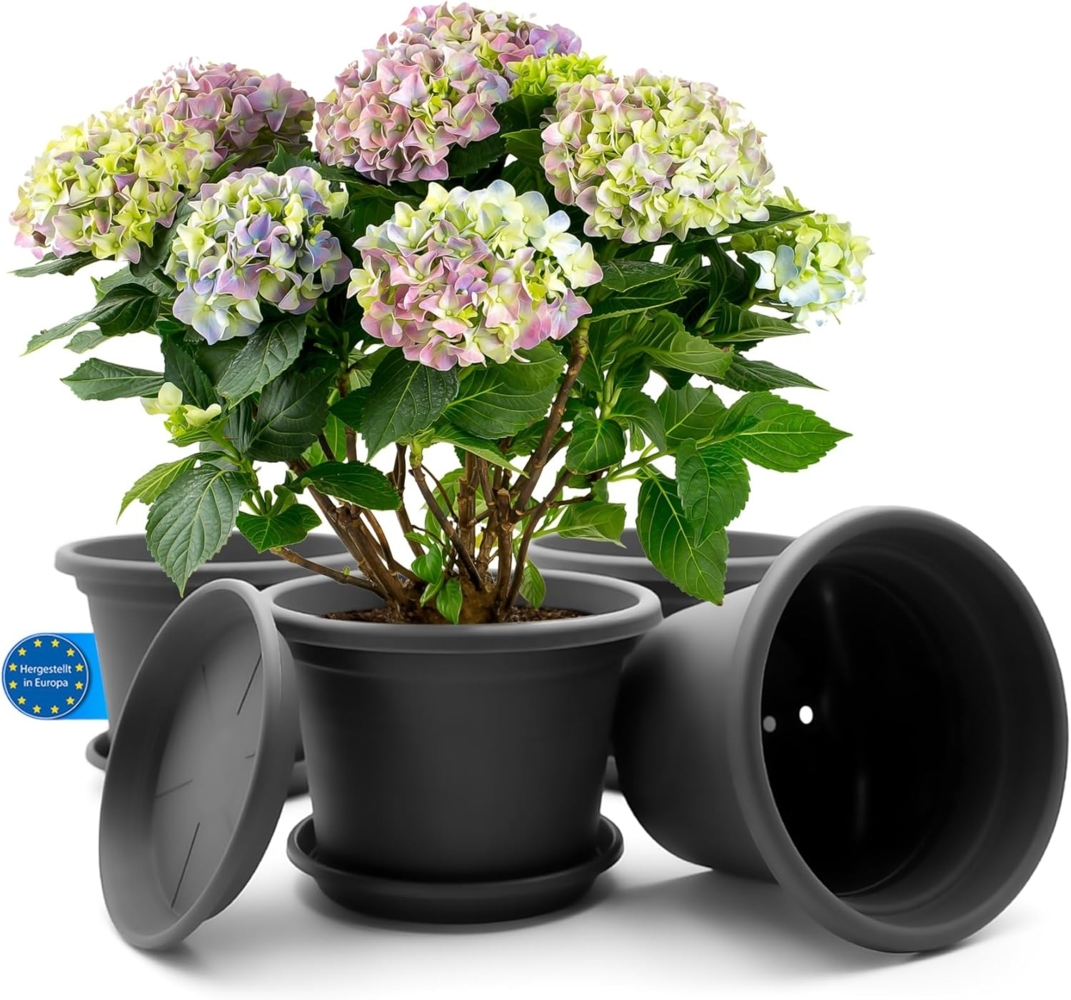 BigDean 4 Stück Blumentopf mit Untersetzer rund ø 20 cm Anthrazit – wetterfester Pflanzkübel Made in Europe Bild 1