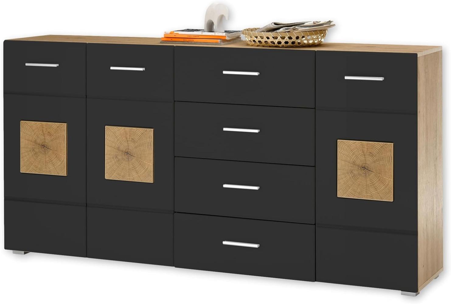 GEORGIA Sideboard in Schwarz, Artisan Eiche Optik mit Hirnholz-Applikationen - Moderne Kommode mit Schubladen und viel Stauraum - 180 x 92 x 38 cm (B/H/T) Bild 1