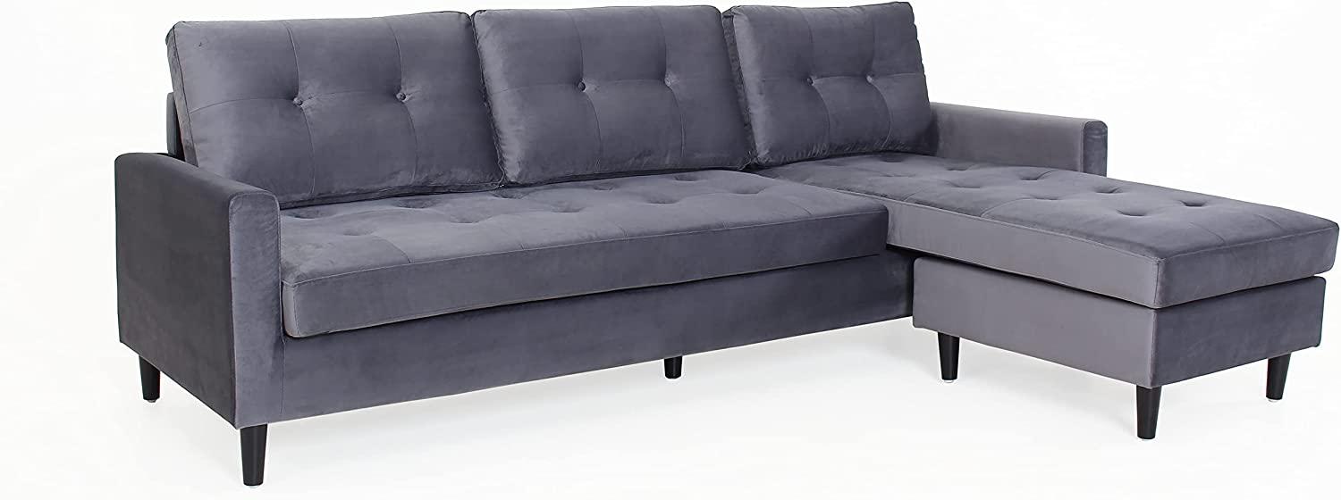 byLIVING Ecksofa ATLANTA / Samt dunkelgrau / Beine schwarz aus Massivholz / Longchair wahlweise rechts oder links montierbar / 218 x 144, H 78,5 cm Bild 1