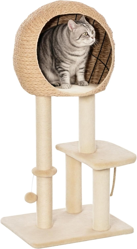 PawHut Kratzbaum Kätzchen Möbel mit Katzenhöhle Ballspielzeug, Sisal weiche Plüsch Höhe 100 cm Beige Bild 1