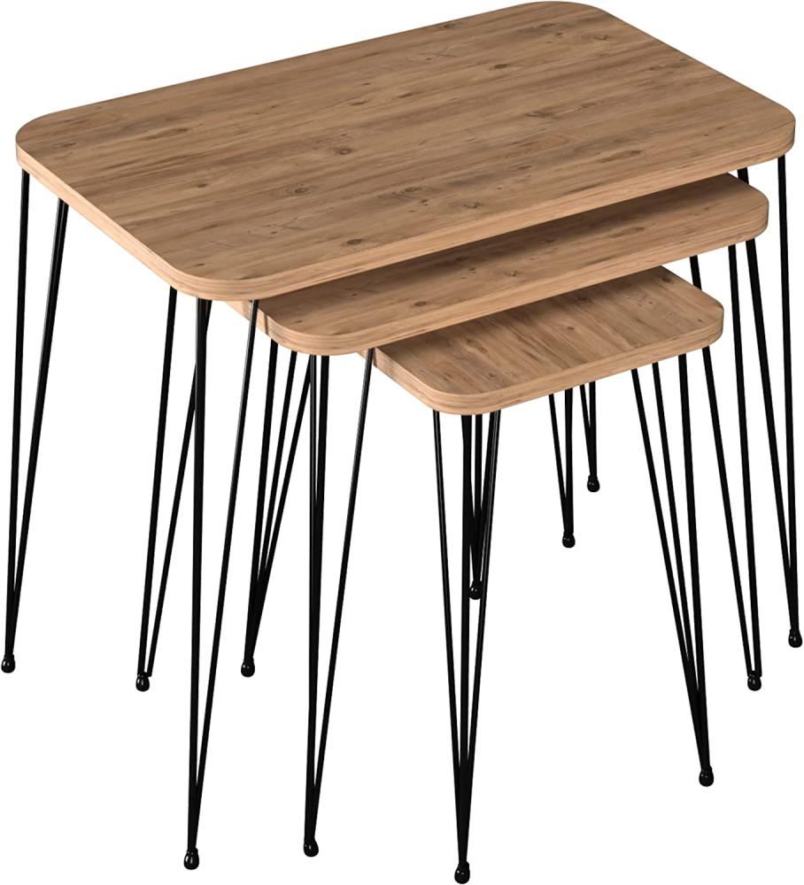 [en. casa] Beistelltisch-Set Rudkøbing Satztisch 3er Set Holzfarben Wohnzimmertisch mit eckiger Tischplatte Hairpinlegs Metall Sofatisch Bild 1