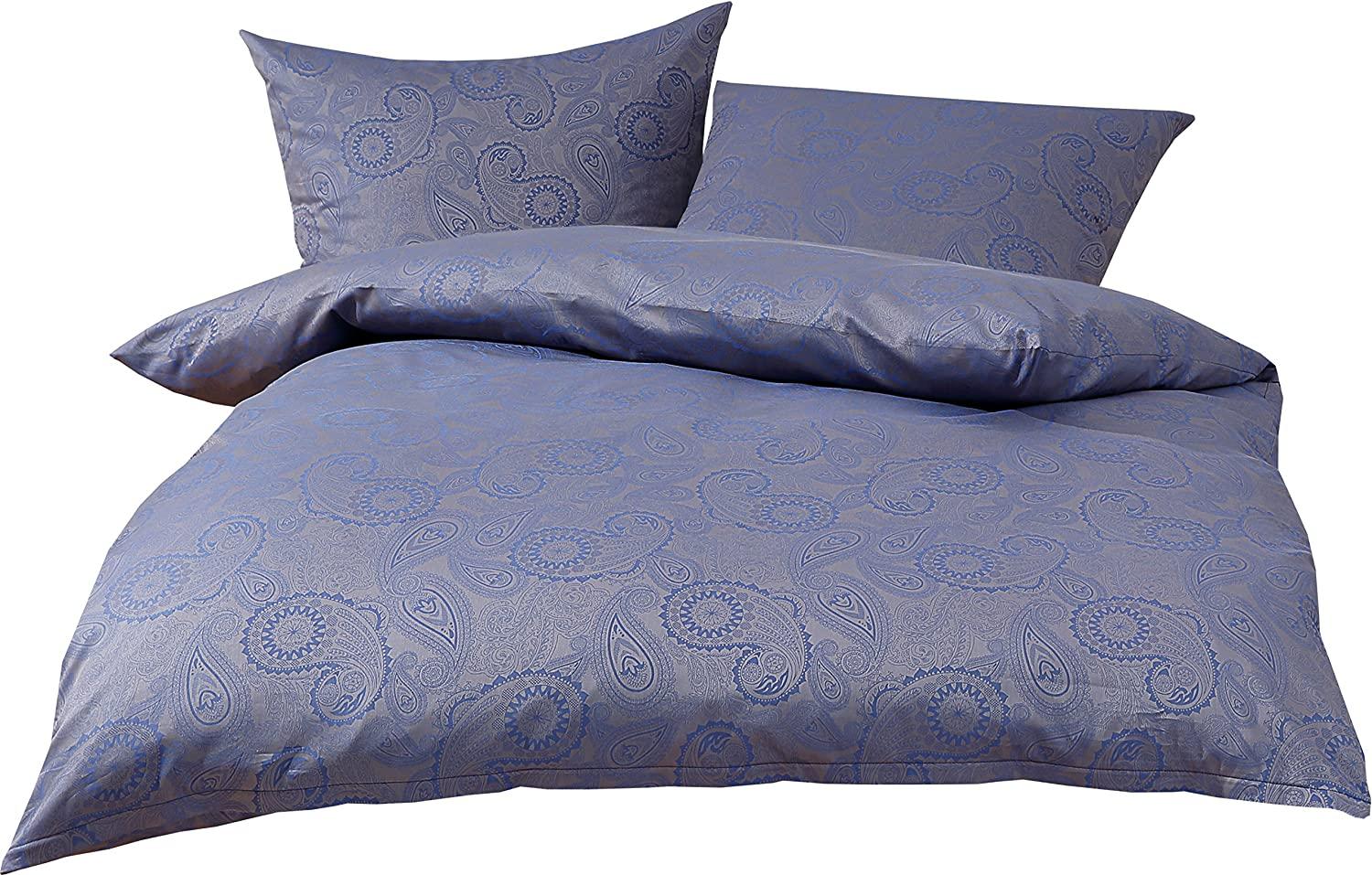 Bettwaesche-mit-Stil 'Davos' Bettwäsche Garnitur, Mako-Satin Damast Paisley, Blau, 200 x 220 cm + 2 x 80 x 80 cm Bild 1