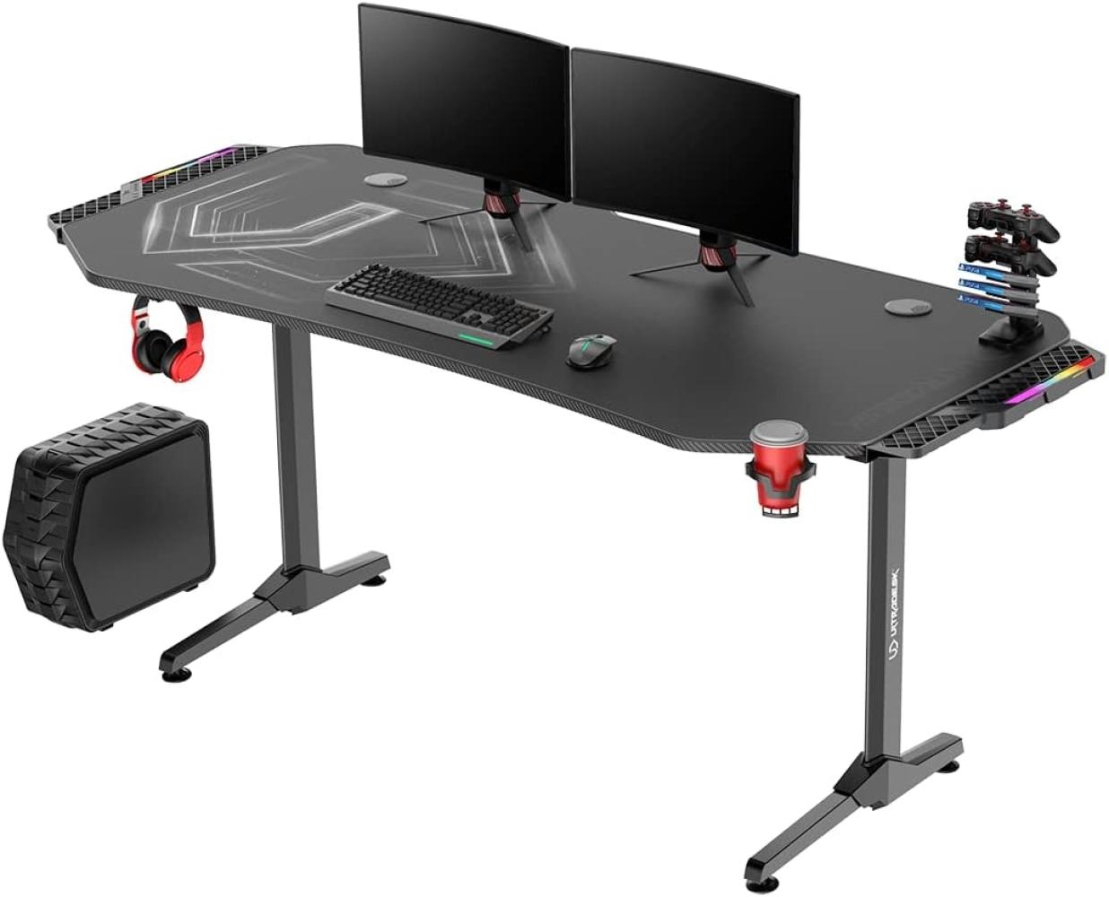 ULTRADESK Frag XXL RGB LED | Gaming-Schreibtisch mit großer Arbeitsfläche & XXL-Pad, 2 Kabeldurchlässe | Gut für Home Office, Fach für Steckdosenleisten | Stahlgestell, Schwarzes Pad, 160x75 cm Bild 1