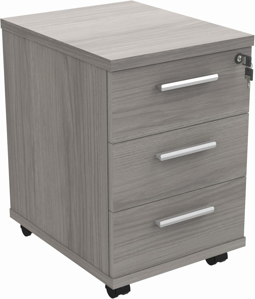 office hippo Strapazierfähiger Rollschrank mit 3 Schubladen, beweglicher Büroschrank mit abschließbarem Stauraum, Holz, Graue Alaska-Eiche, 40,4 x 50 x 59,5 cm Bild 1