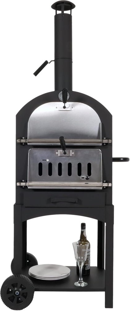 Mendler Holzkohlegrill mit Feuerschale und Pizzastein, Stahl Schwarz, 166 x 70 x 48 cm Bild 1