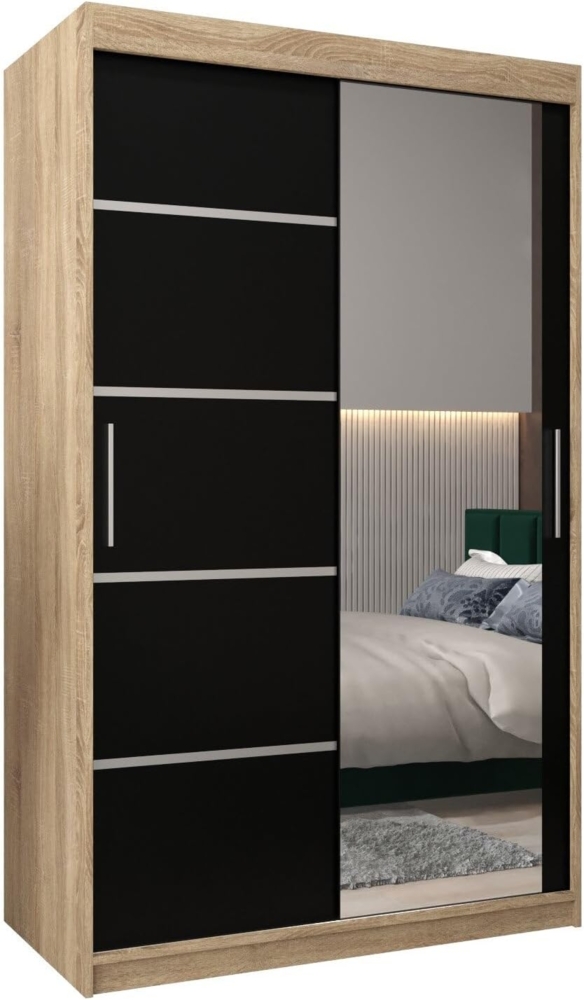 KRYSPOL Schwebetürenschrank Verona 2-120 cm mit Spiegel Kleiderschrank mit Kleiderstange und Einlegeboden Schlafzimmer-Wohnzimmerschrank Schiebetüren Modern Design (Sonoma + Schwarz) Bild 1