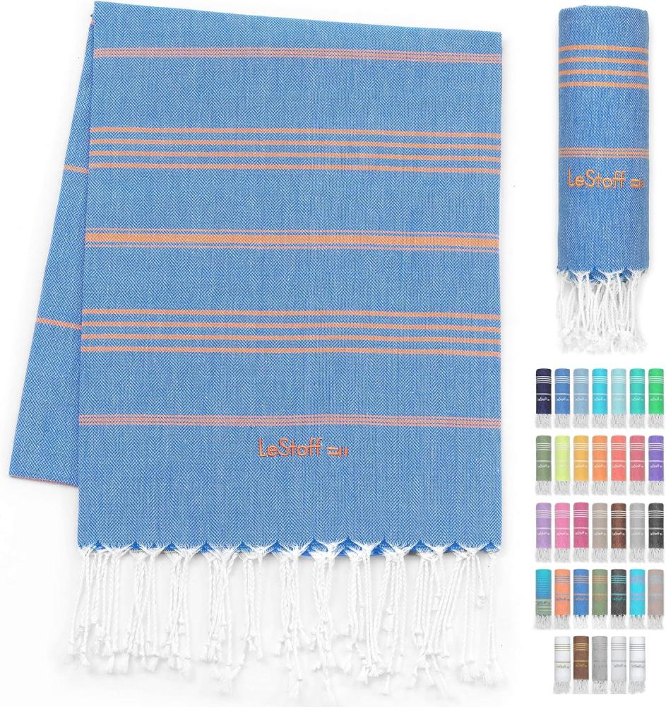 LeStoff Premium Hamamtuch - Vielseitig, Nachhaltig, Saugstark & Schnelltrocknend - 100% Bio-Baumwolle - Strand, Bade, Dusch, Yoga, Spa & Reise-Tuch (95 x 180 cm, Sky Blue - Orange) Bild 1