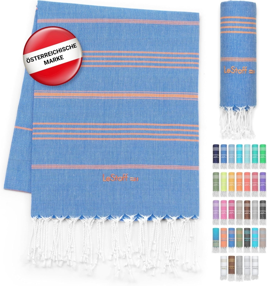 LeStoff Premium Hamamtuch - Vielseitig, Nachhaltig, Saugstark & Schnelltrocknend - 100% Bio-Baumwolle - Strand, Bade, Dusch, Yoga, Spa & Reise-Tuch (95 x 180 cm, Sky Blue - Orange) Bild 1