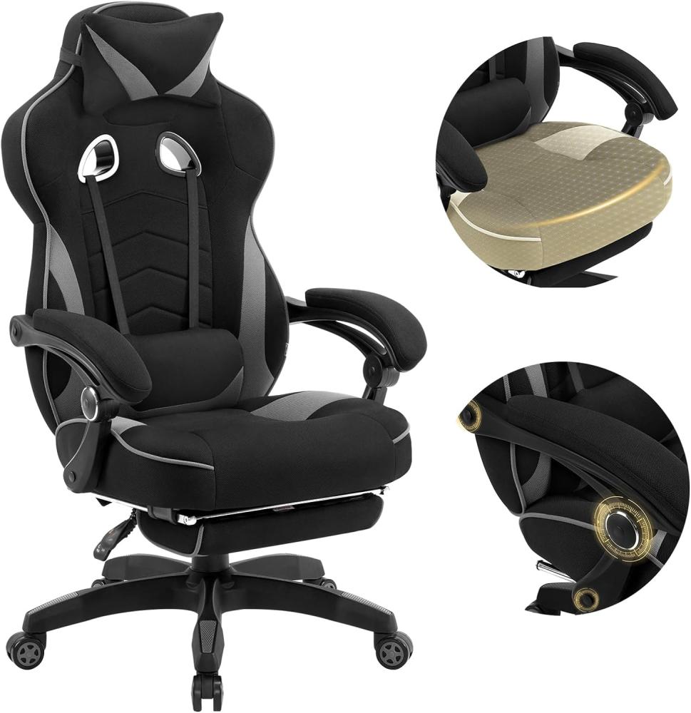 WOLTU Gaming Stuhl Racing Stuhl Bürostuhl Chefsessel Schreibtischstuhl Sportsitz mit Kopfstütze und Lendenkissen, mit Fußstütze, Stoff, höhenverstellbar, Grau, BS83gr Bild 1