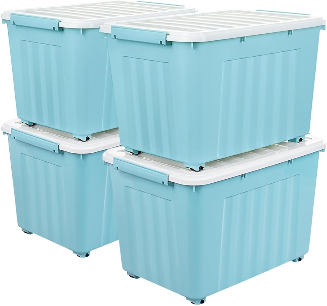 Cetomo 55L*4 Aufbewahrungsboxen mit Deckeln, Kunststoff-Aufbewahrungsbox mit Rollen und Clips, Kunststoffbox für Zuhause und Büro, BPA-frei, Nestbar, Stapelbar, Blau, 55L-4er Pack Bild 1