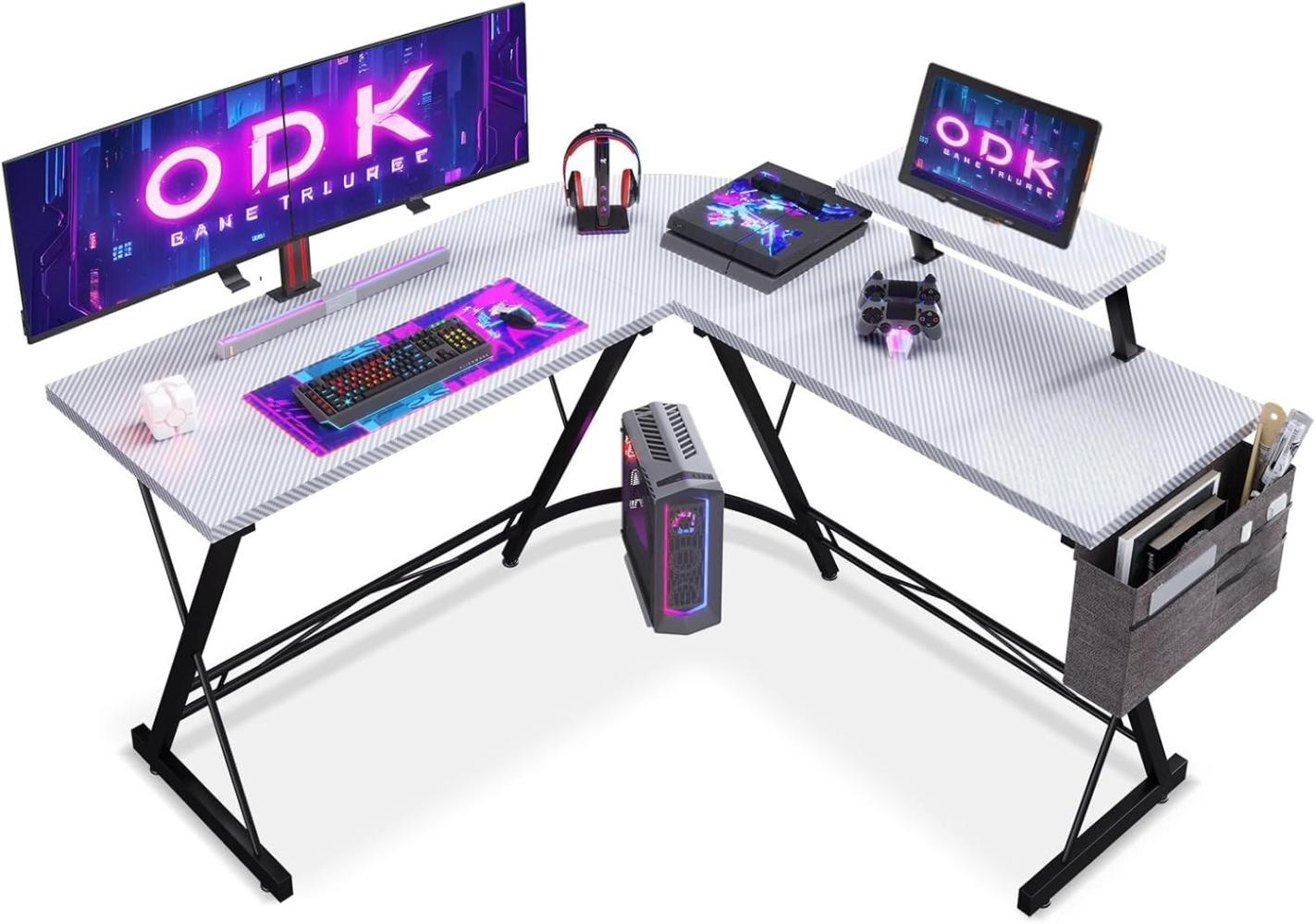 ODK Gaming Tisch, Computertisch, Gaming Schreibtisch mit runder Ecke, Gaming-Tisch mit Monitorablage (Kohlefaser Weiß, 127 x 127 cm) Bild 1