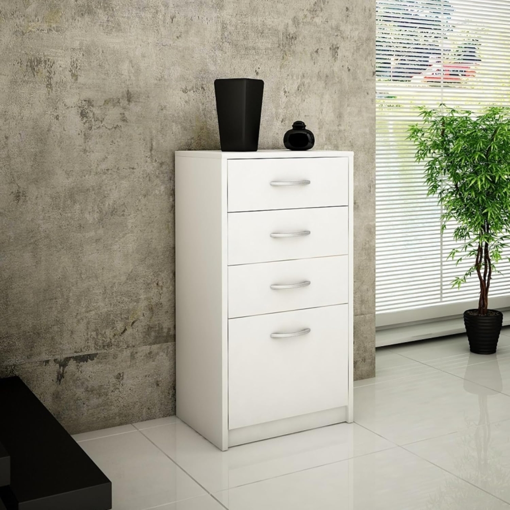 Home Collective Kommode mit 4 Schubladen mit matter Oberfläche, Kommode 45cm breit Holz (Schlafzimmer Wohnzimmer Flur Büro Organizer, Metallrollen mit Auszugsstopp), Schrank Kommode mit Schubladen Sideboard Highboard Weiß Bild 1