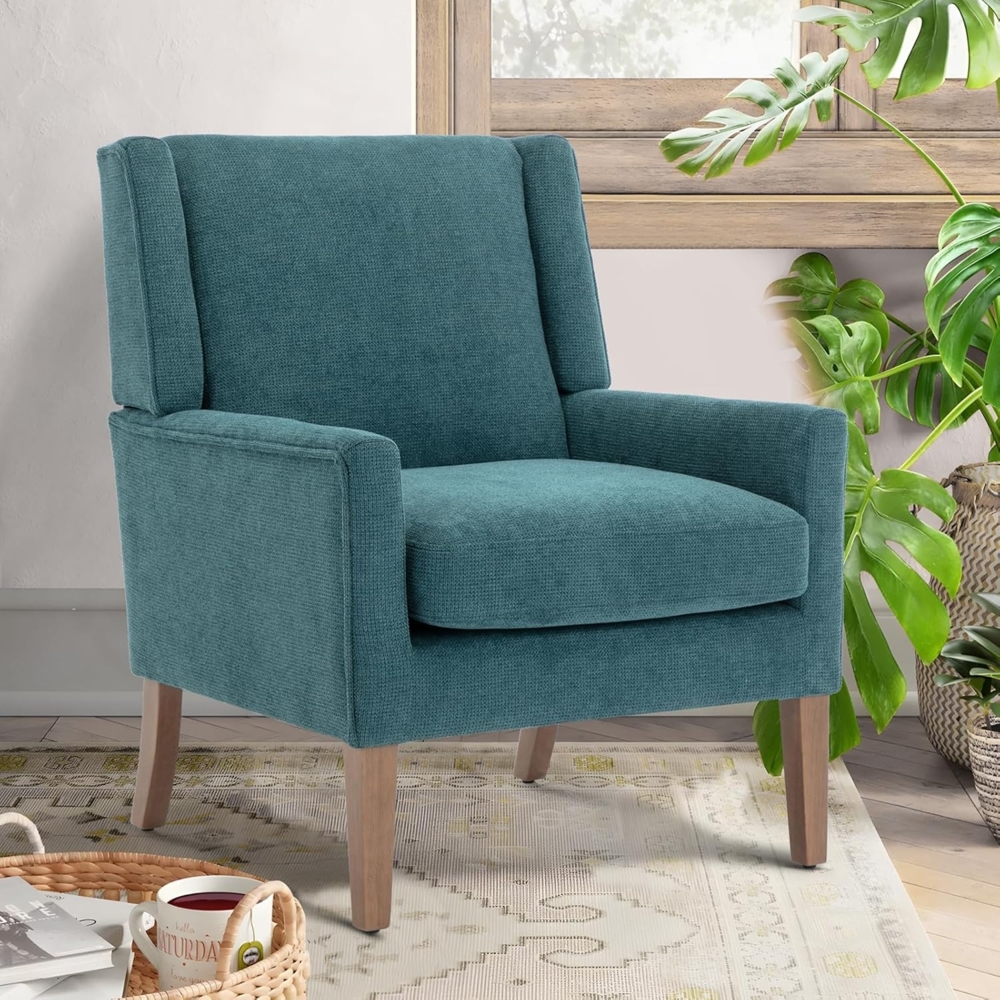 COLAMY Moderner Flügelrücken-Sessel für das Wohnzimmer, Polsterstoff Akzent-Sessel, Einzelsessel mit Loungesitz und Holzbeinen für Büro/Schlafzimmer/Leseecken, Petrol Bild 1