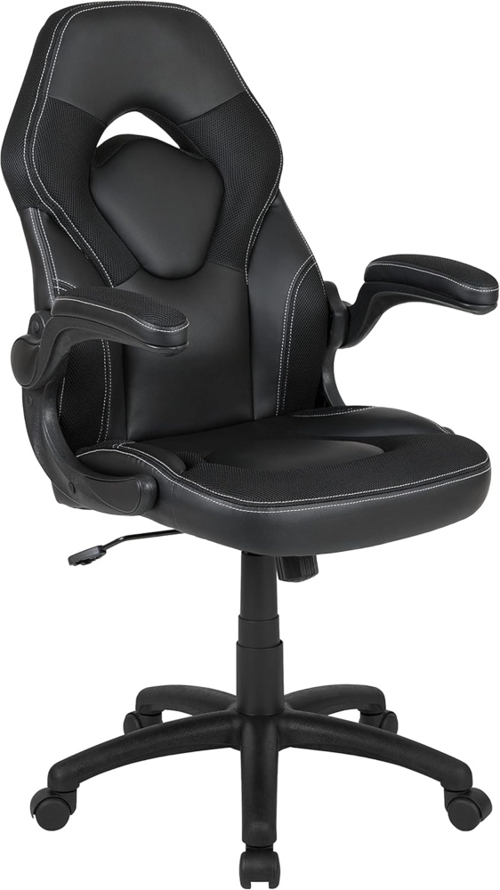 Flash Furniture Gaming Stuhl mit hoher Rückenlehne – Ergonomischer Bürosessel mit verstellbaren Armlehnen und Netzstoff – Perfekt als Zockerstuhl und fürs Home Office – Schwarz Bild 1