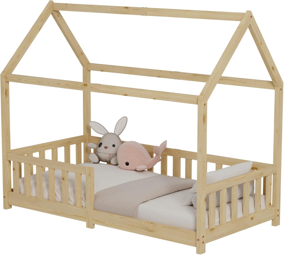 ecomi® Kinderbett Hausbett mit Rausfallschutz und Lattenrost, Hausbett - Kinderbett 90x200 / 80x160 in Weiß/Natur für Kinder - Kinderbett Hausbett 90x200 / 80x160 Weiß/Natur (Natur, 80x160) Bild 1