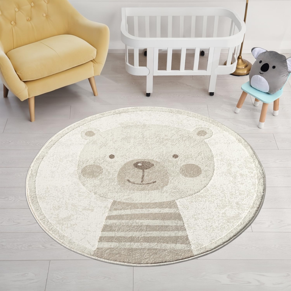 Teppich Kinderzimmer Rund - 120x120cm - Pastell Beige Creme - Kurzflor Spielteppich mit niedlichem Bär Motiv Bild 1