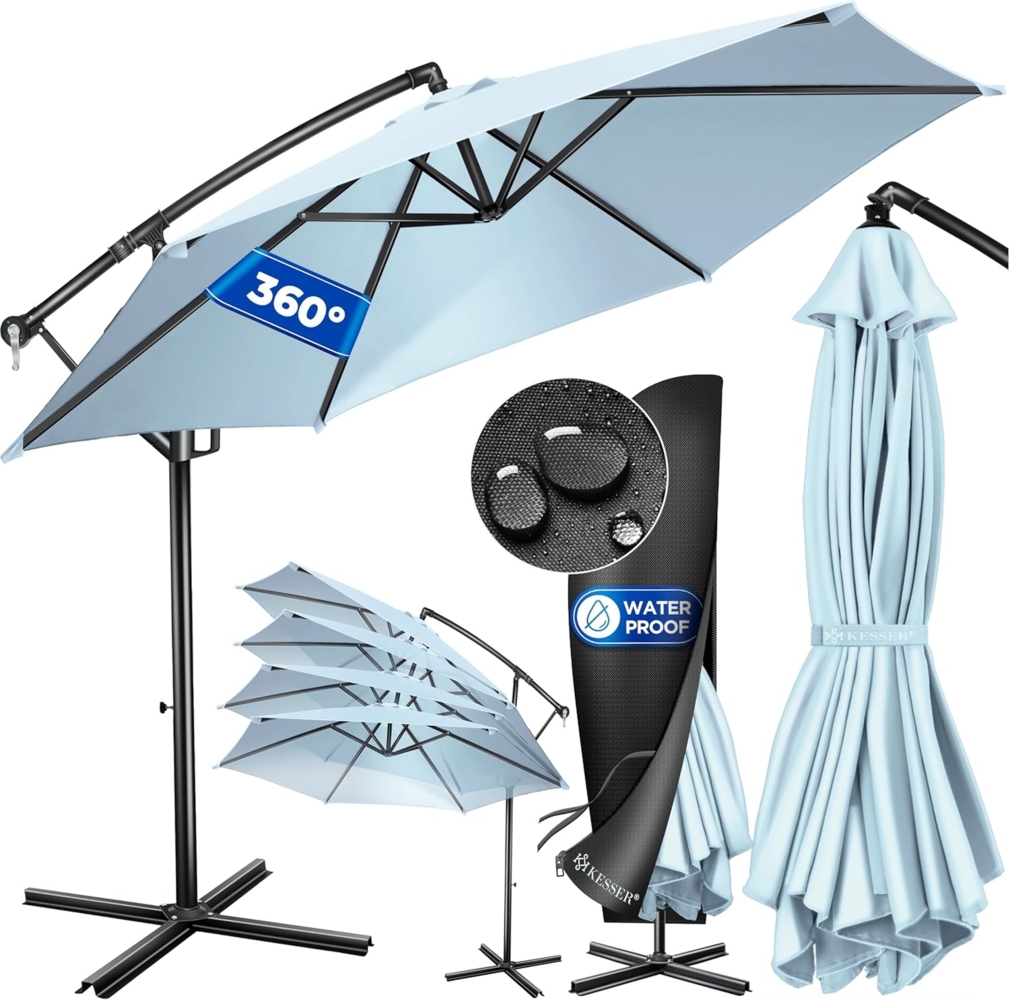 KESSER® Alu Ampelschirm Sonnenschirm + Abdeckung Ø300 cm / Ø350 cm mit Kurbelvorrichtung Kurbelschirm mit Ständer UV-Schutz Aluminium Wasserabweisende Bespannung - Schirm Gartenschirm Marktschirm 300cm, Hellblau Bild 1