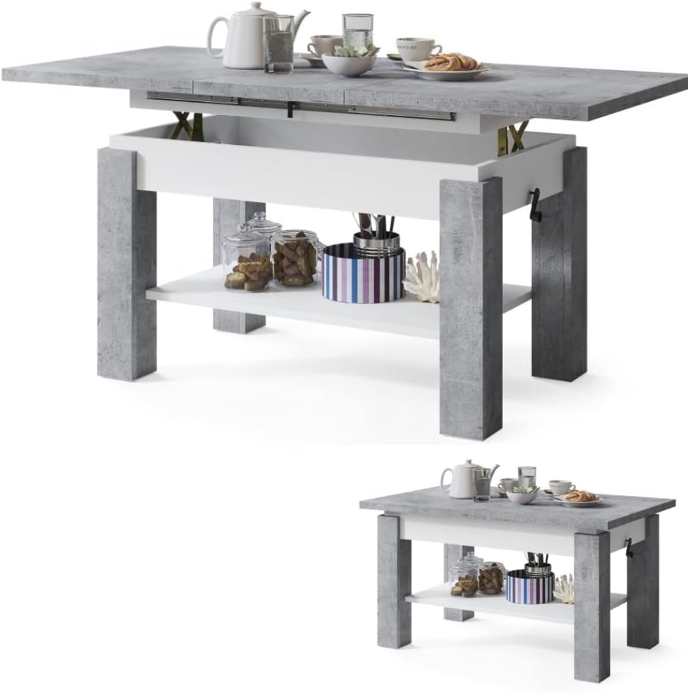 Couchtisch Kaffetisch Wohnzimmertisch Astra mit Brett Höhenverstellbar Weiß Betonoptik Sonoma Eiche Matt Hochglanz 05 (BETONOPTIK + WEIß) Bild 1