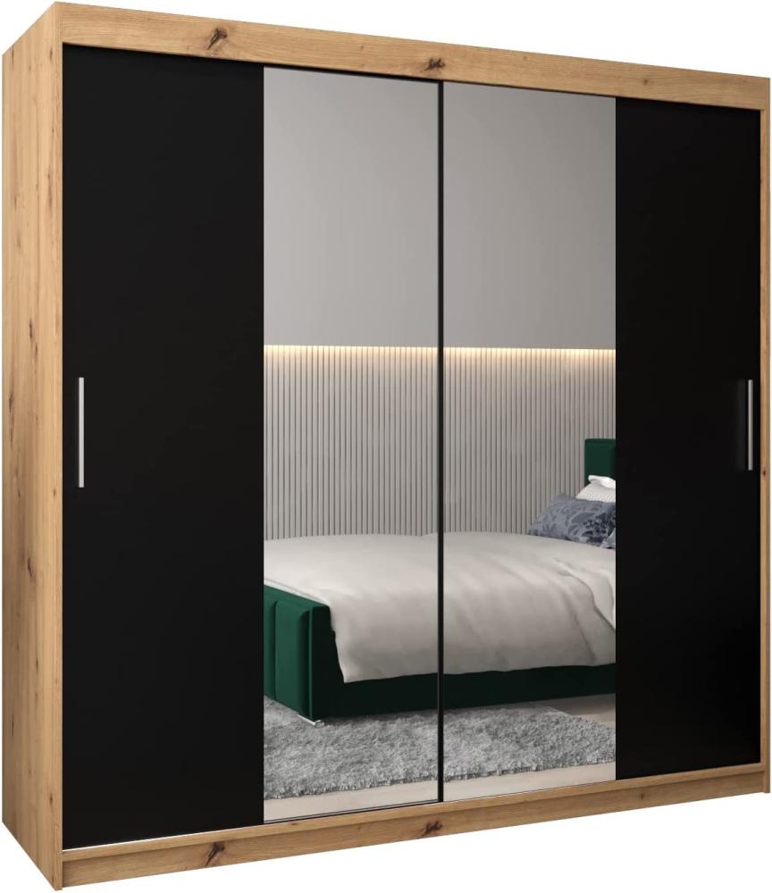 Kryspol Schwebetürenschrank Tokyo 1-200 cm mit Spiegel Kleiderschrank mit Kleiderstange und Einlegeboden Schlafzimmer- Wohnzimmerschrank Schiebetüren Modern Design (Artisan Eiche + Schwarz) Bild 1