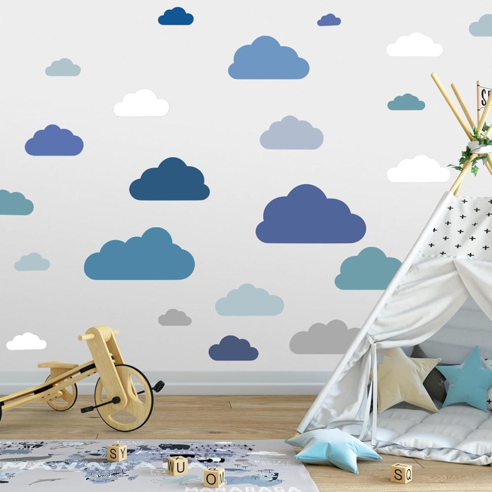 20 Blaue Wolken Wandtattoo Kinderzimmer Set - Rauhfaser Wandsticker, Pastell Farben, Baby Tapete Sticker zum Kleben, Wandaufkleber Sleepy Eye Wanddeko - Wandfolie, Kleinkinder, Jungen, Mädchen Bild 1