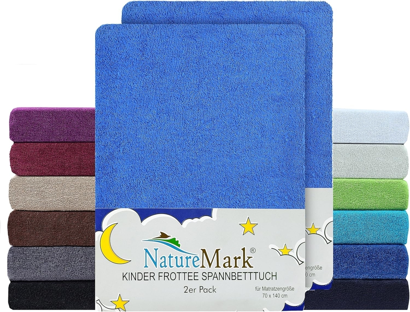 NatureMark Spannbettlaken Frottee Spannbettlaken, 80% Baumwolle / 20% Polyester, Gummizug: rundum, (2 Stück), 2er Set Kinder Spannbettlaken Frottee, Spannbetttuch 80% Baumwolle / 20% Polyester, für Babybett und Kinderbett, 70x140 cm - Royal blau Bild 1