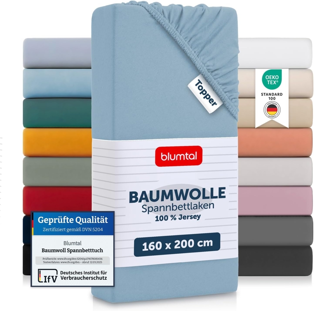 Blumtal® Baumwolle Spannbettlaken für Topper 160x200 cm Basics Jersey - Bettlaken 160x200 cm - Oeko-TEX zertifiziertes Spannbetttuch 160x200 - Topper Spannleintuch 160x200 - Betttuch - Dusk Blue Bild 1