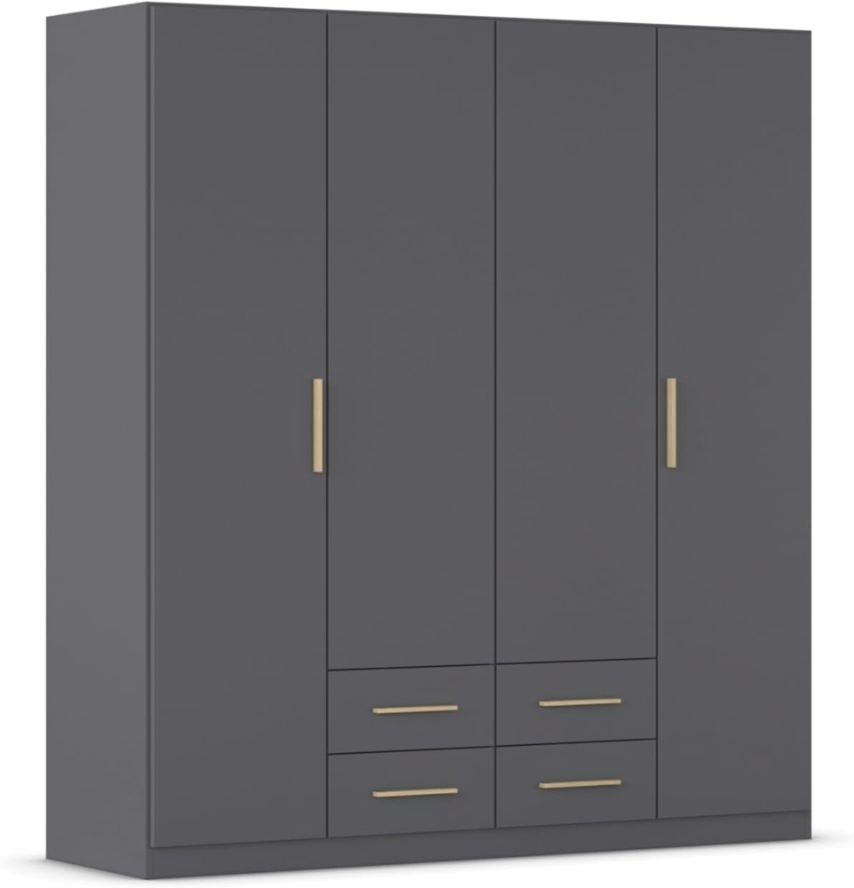 Rauch Möbel Belfast Kleiderschrank, Schrank, Garderobe, Organizer, 4-türig, 4 Schubladen für mehr Stauraum, Farbe Grau metallic, Schwarz, Holzgriff Eiche Massiv, 181 x 197 x 54 cm Bild 1
