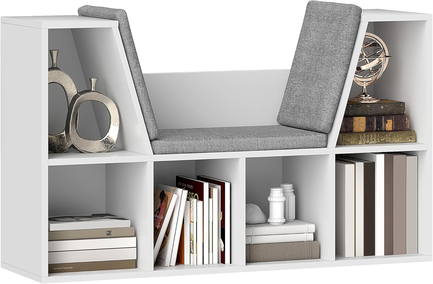 HOMCOM Bücherregal Kleiner Bücherschrank mit Sitzkissen, 6 Fächern, Leinenoptik, Aufbewahrungsregal 1-tlg, für Wohnzimmer, Schlafzimmer, 105 x 30 x 63 cm, Weiß Bild 1