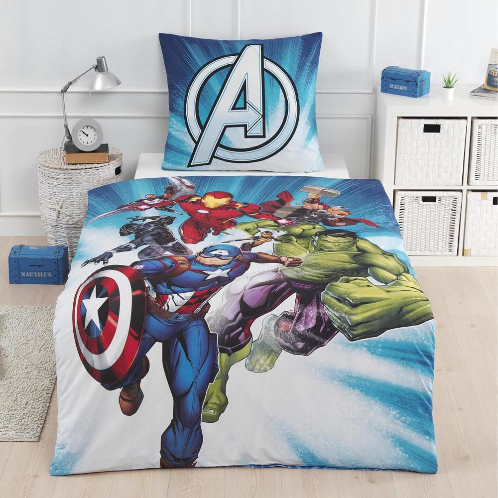 MTOnlinehandel Bettwäsche Avengers Marvel 135x200 + 80x80 cm, 100 % Baumwolle, Renforcé, 2 teilig, Jungen Kinderbettwäsche mit Captain America, Iron Man, Hulk & Thor Bild 1